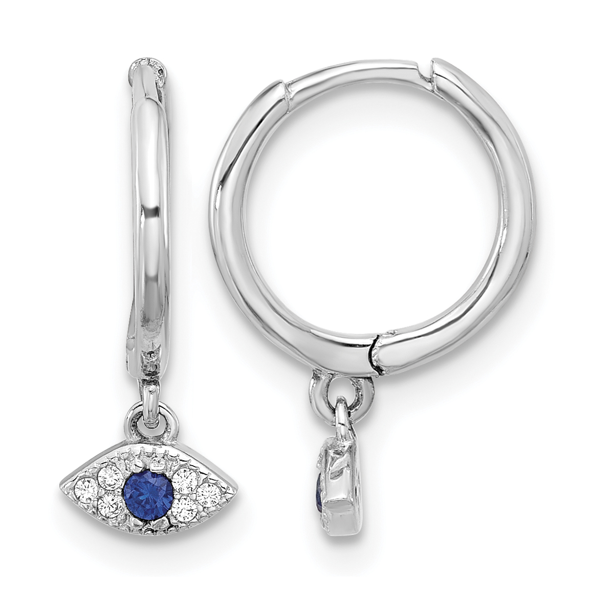 Sterling Silver RH-plated Blue & White CZ Evil Eye Dangle Hoop Earrings (QE17701)