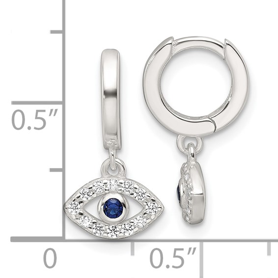 Sterling Silver E-Coating Blue & White CZ Evil Eye Dangle Hoop Earrings