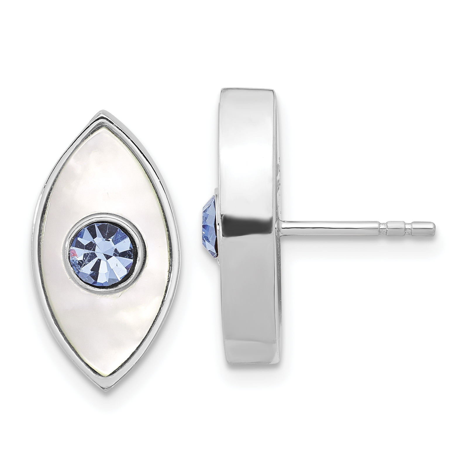 Sterling Silver RH-plated Polished MOP & Blue Crystal Evil Eye Post Earring (QE17703)
