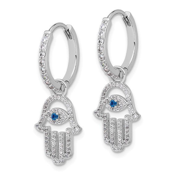 Sterling Silver RH-pltd Blue/White CZ Evil Eye Hamsa Dangle Hoop Earrings