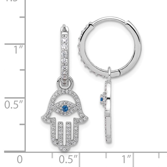 Sterling Silver RH-pltd Blue/White CZ Evil Eye Hamsa Dangle Hoop Earrings