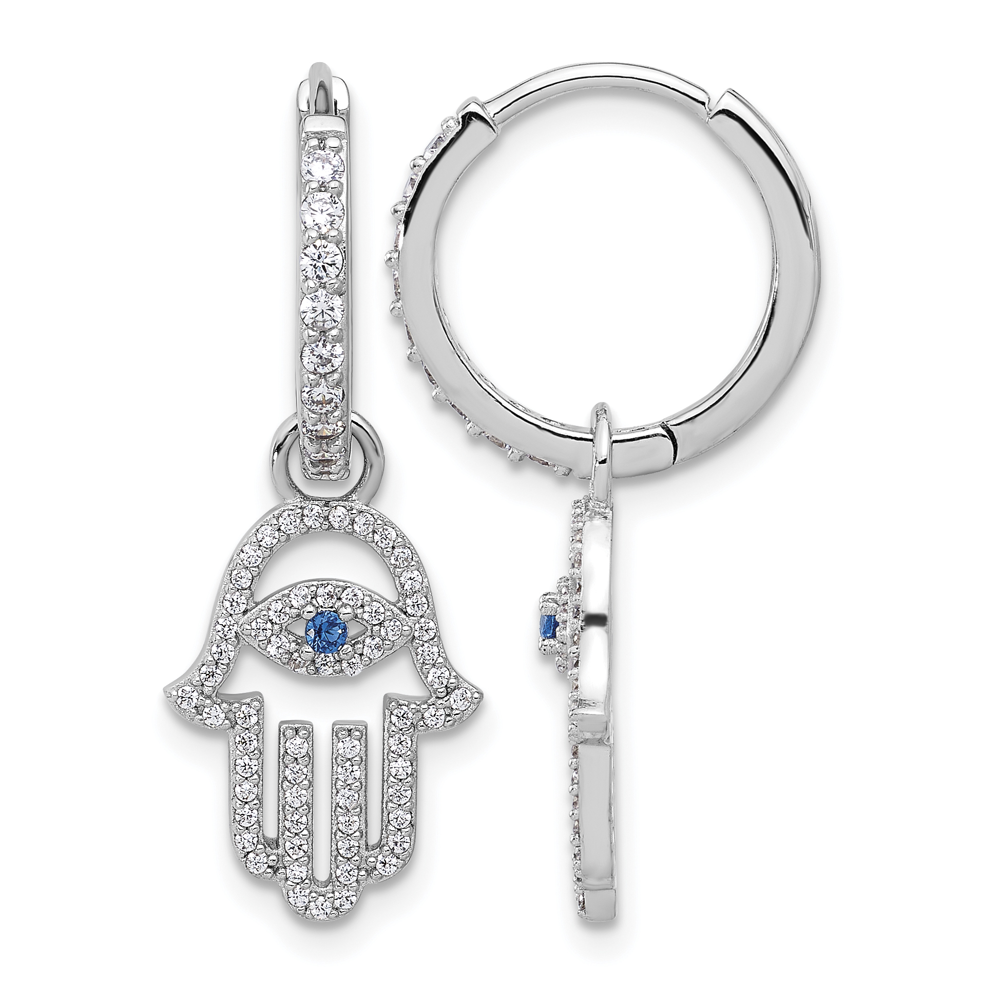 Sterling Silver RH-pltd Blue/White CZ Evil Eye Hamsa Dangle Hoop Earrings (QE17704)
