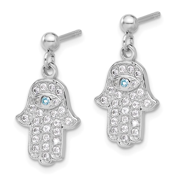 Sterling Silver RH-pltd Blue/White CZ Evil Eye Hamsa Post Dangle Earrings