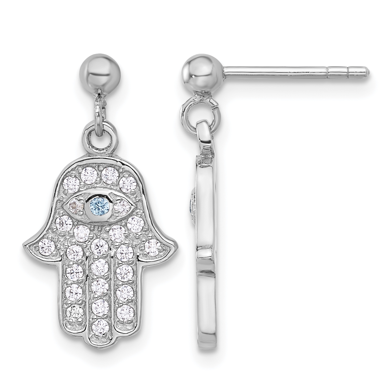 Sterling Silver RH-pltd Blue/White CZ Evil Eye Hamsa Post Dangle Earrings (QE17705)