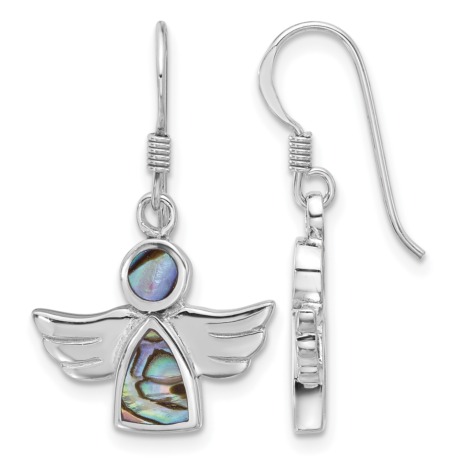 Sterling Silver Rhodium-plated Polished Abalone Angel Dangle Earrings (QE17708)