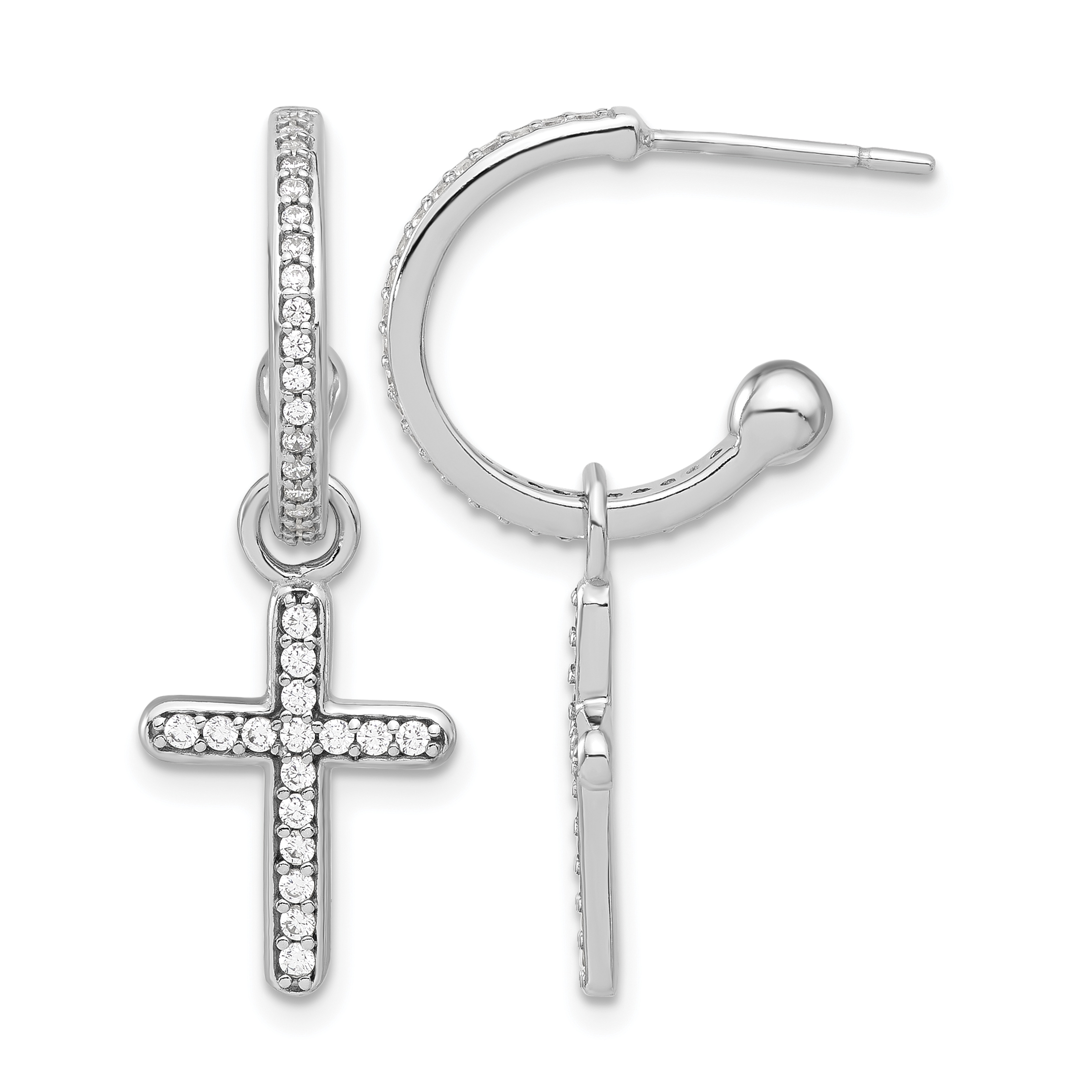Sterling Silver Polished CZ Dangle Cross Post C-Hoop Earrings (QE17711)