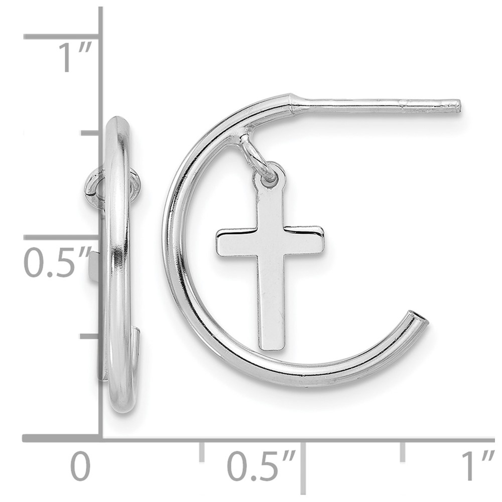 Sterling Silver Rhodium-plated Polished Cross Dangle Post C-Hoop Earrings (QE17712)