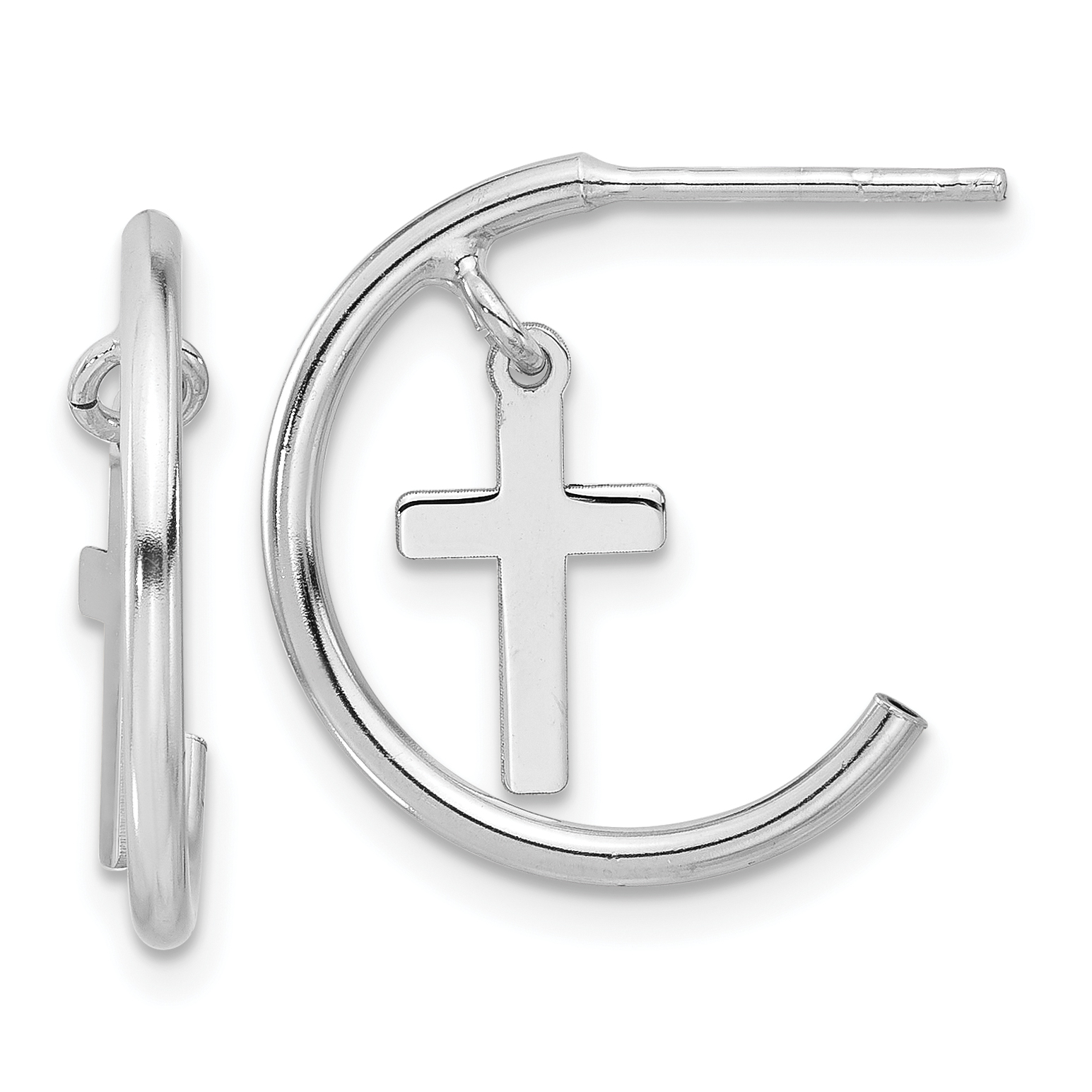 Sterling Silver Rhodium-plated Polished Cross Dangle Post C-Hoop Earrings (QE17712)