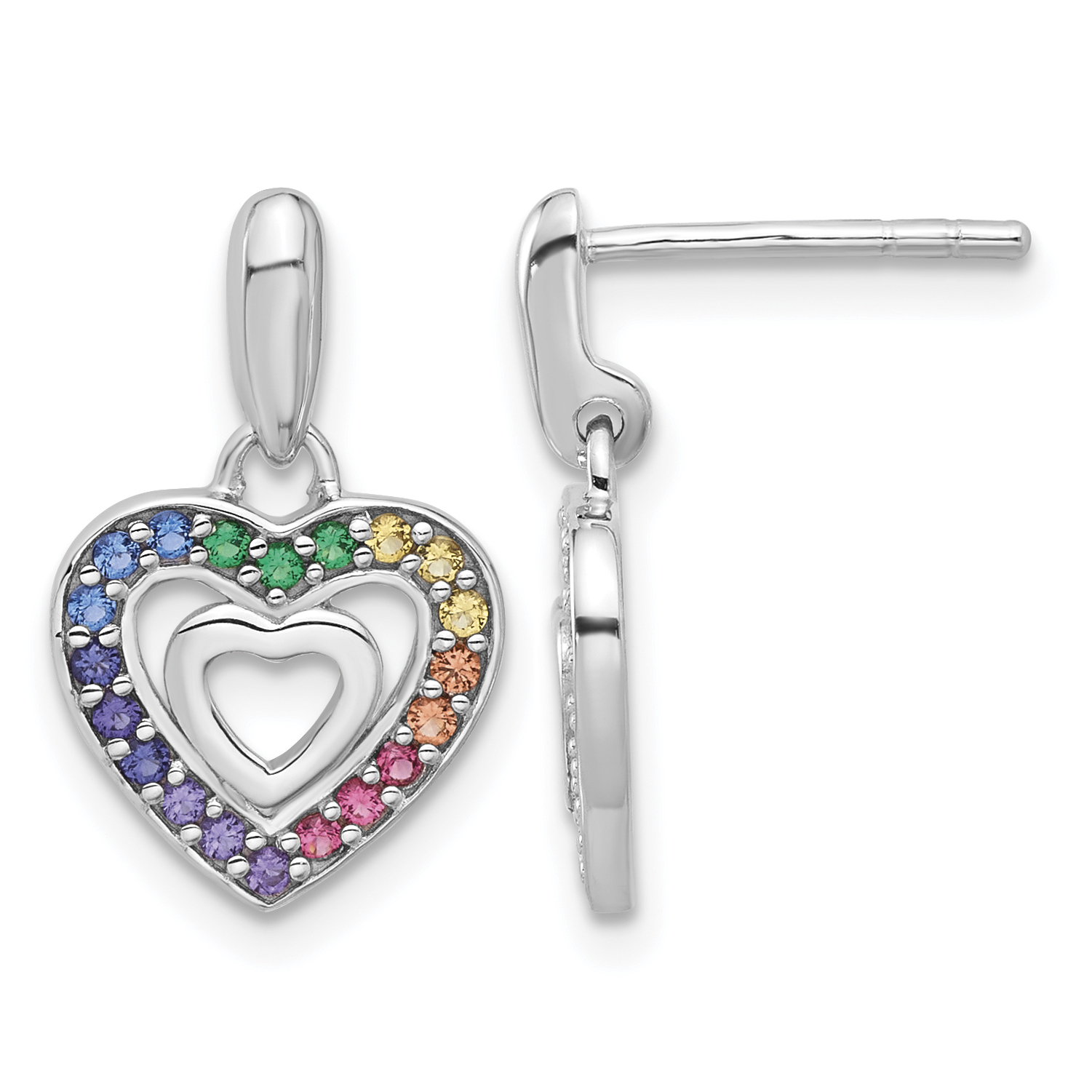 Sterling Silver Rhodium-plated Polished Multi-color Crystal Double Heart Children's Post Dangle Earrings (QE17713)