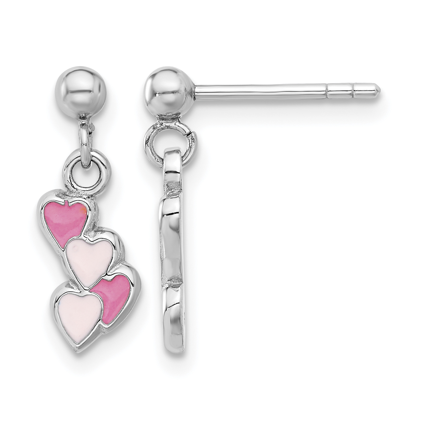 Sterling Silver Rhodium-plated Pink Enameled Hearts Children's Post Dangle Earrings (QE17716)