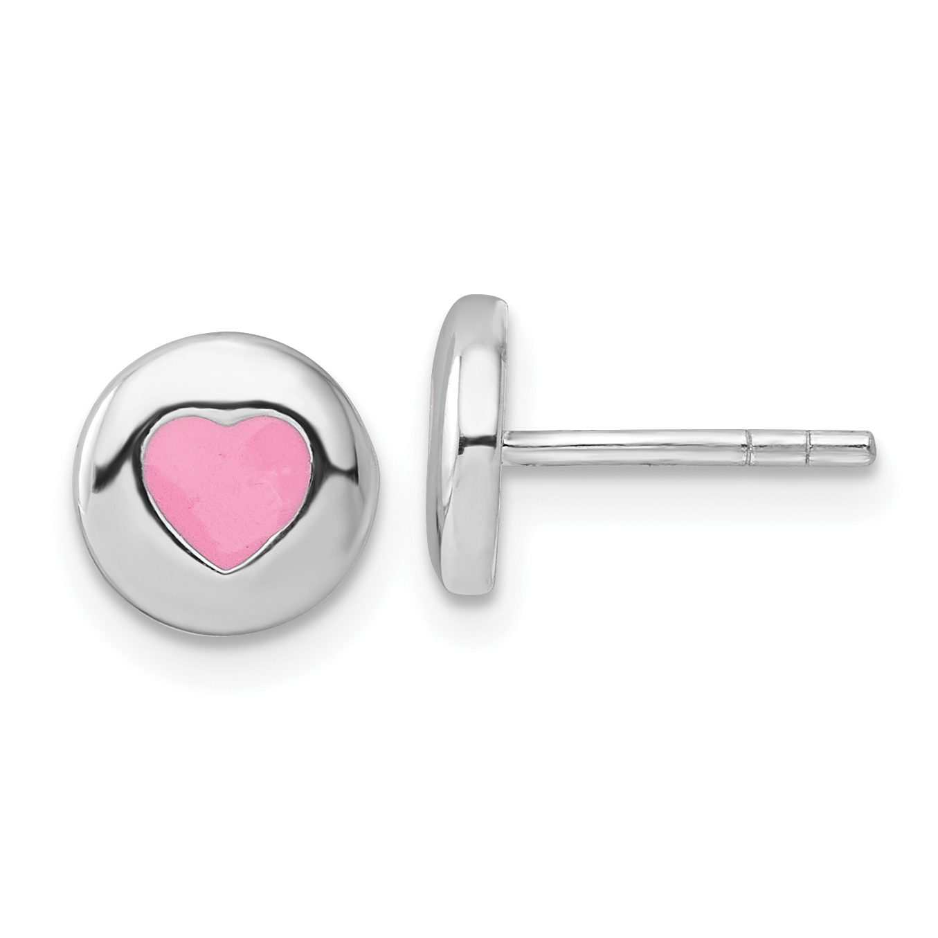Sterling Silver Rhodium-plated Pink Enameled Heart Circle Children's Post Earrings (QE17717)