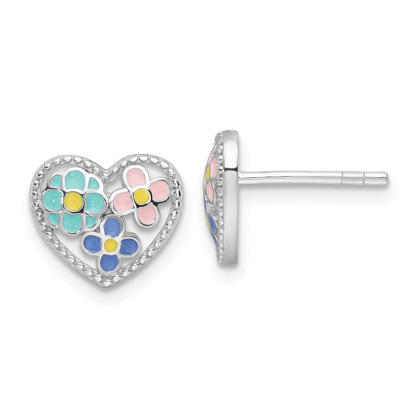 Sterling Silver Rhodium-plated Polished & Beaded Multi-color Enameled Floral Heart Children's Post Earrings (QE17718)