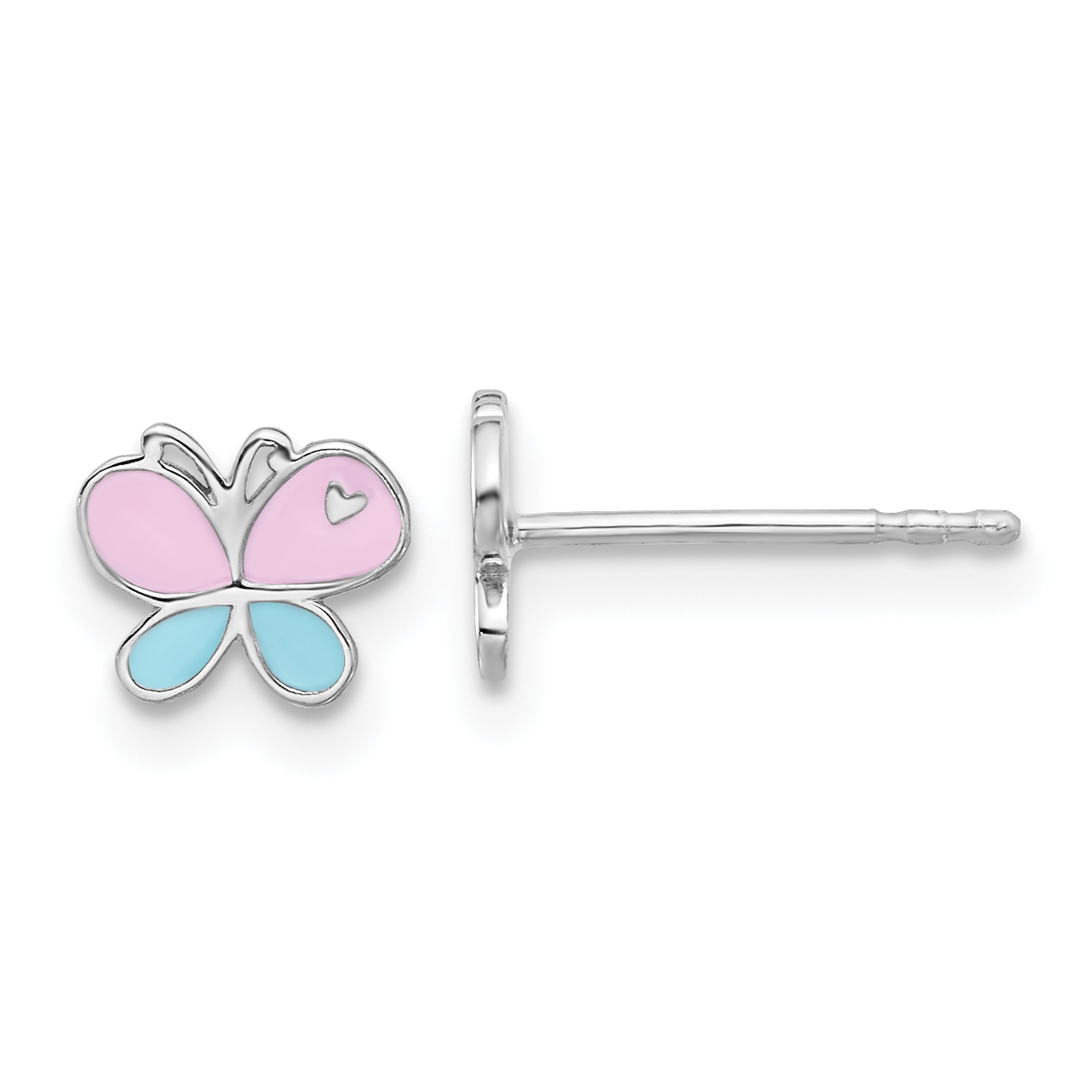 Sterling Silver RH-pltd Blue/Pink Enamel Butterfly Children's Post Earrings (QE17719)