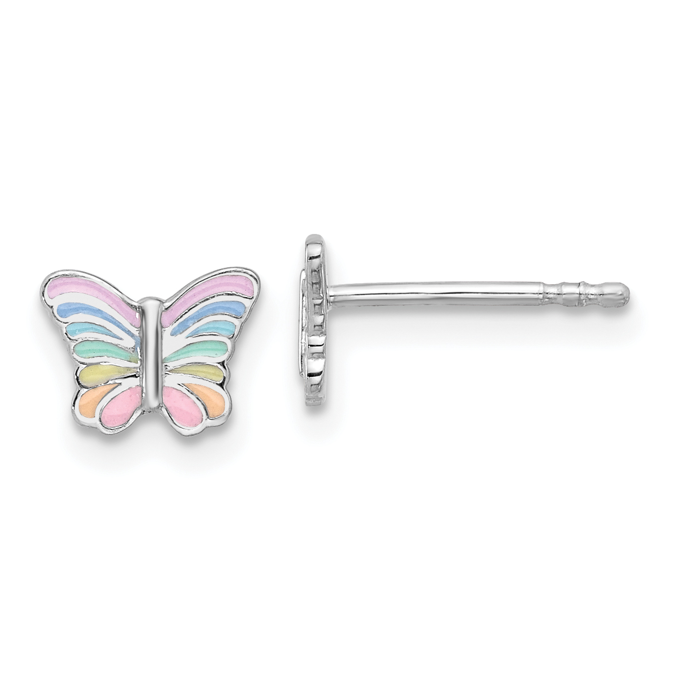 Sterling Silver RH-plated Rainbow Enamel Butterfly Children's Post Earrings (QE17720)