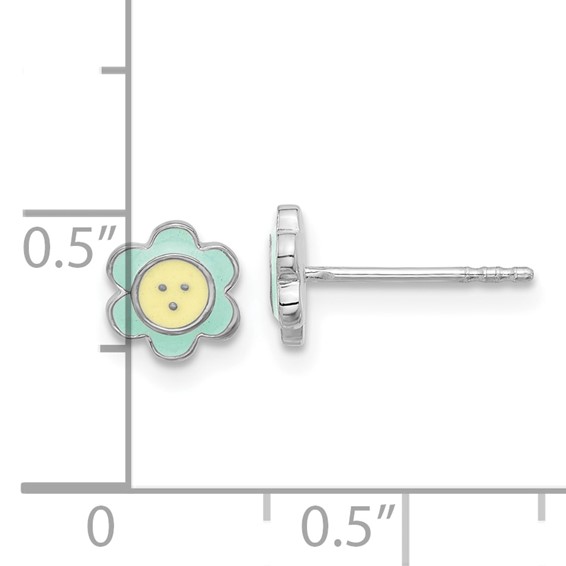 Sterling Silver Rhodium-plated Enamel Flower Children's Post Earrings