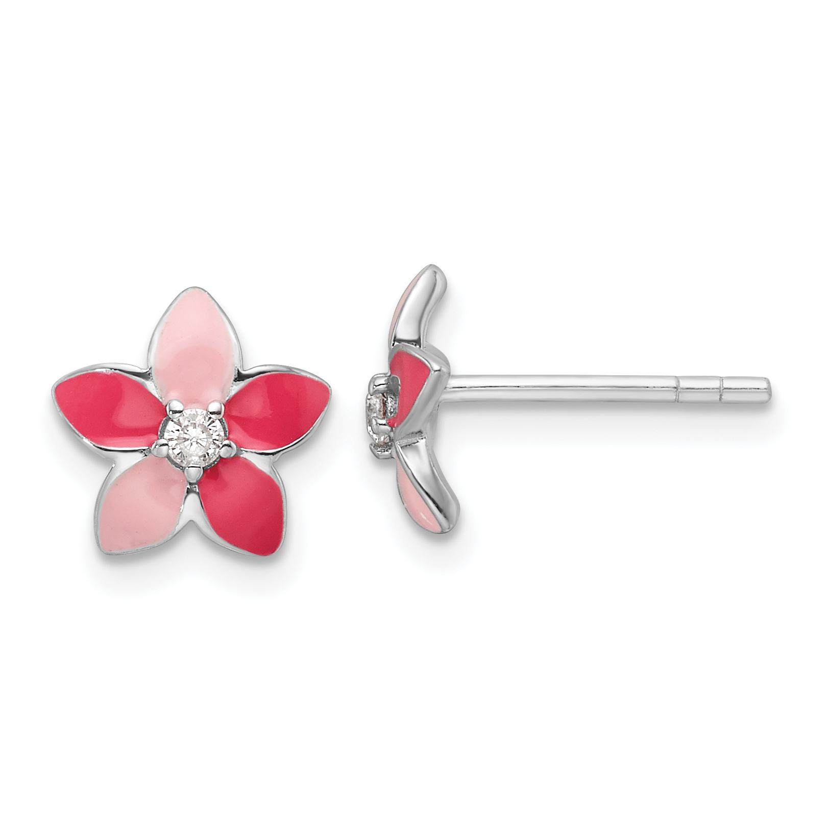Sterling Silver RH-plated Pink Enamel & CZ Flower Children's Post Earrings (QE17723)