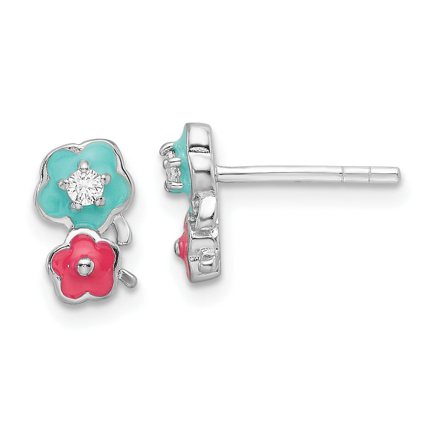 Sterling Silver RH-plated CZ & Enamel Flowers Children's Post Earrings (QE17724)