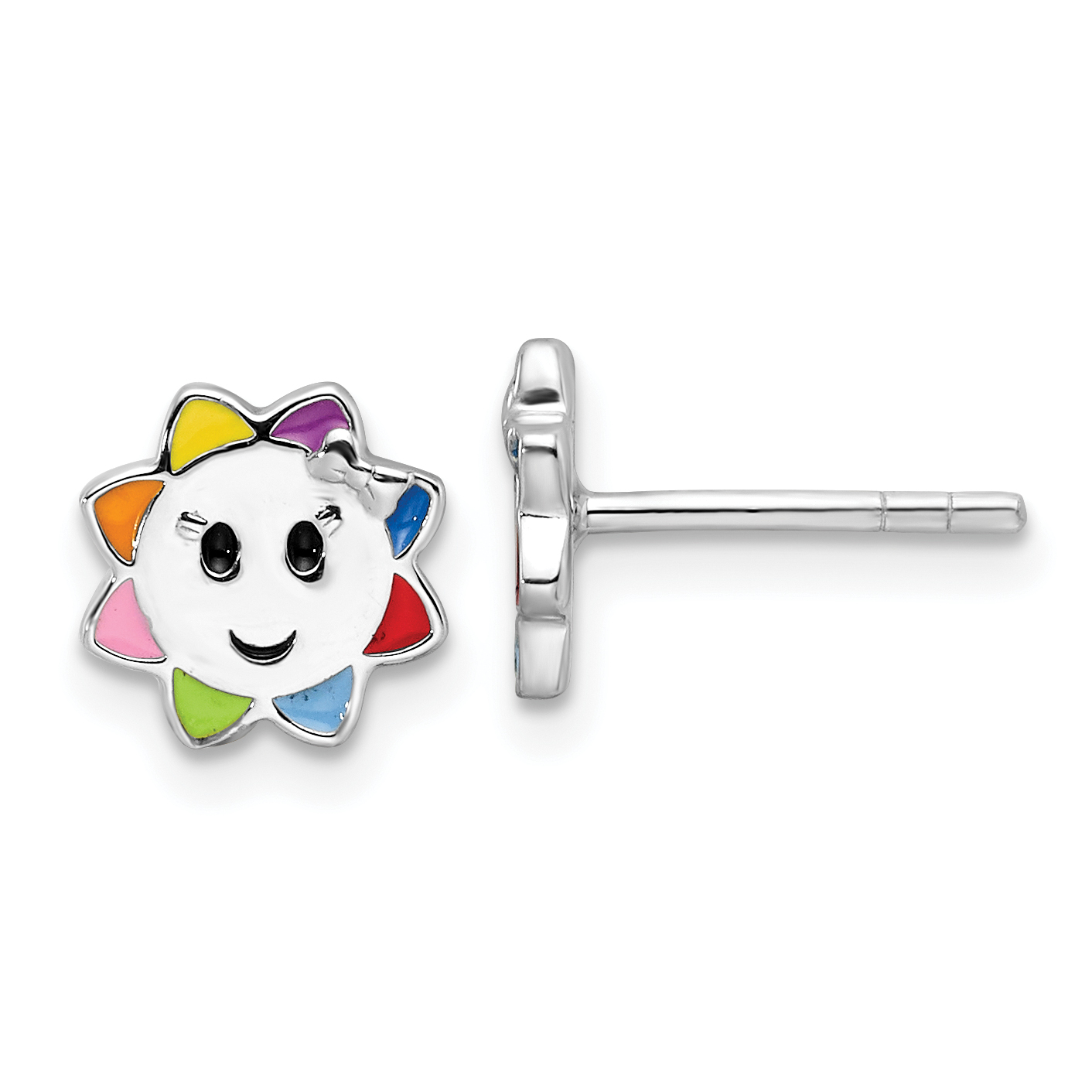 Sterling Silver RH-plated Multicolor Enameled Sun Children's Post Earrings (QE17725)
