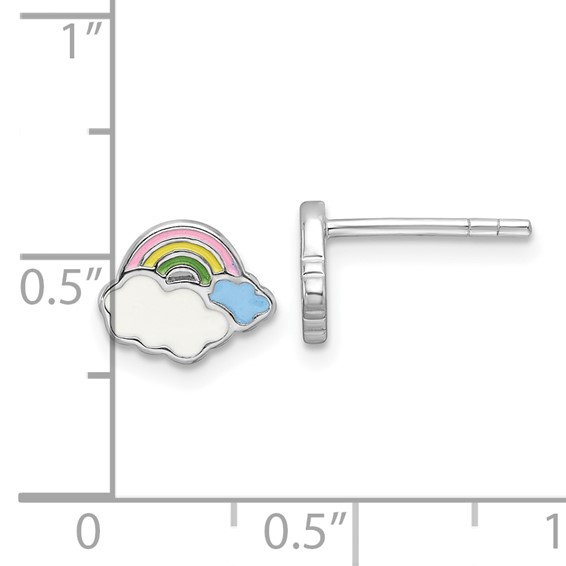Sterling Silver Rhodium-plated Multicolor Enameled Rainbow & Clouds Children's Post Earrings