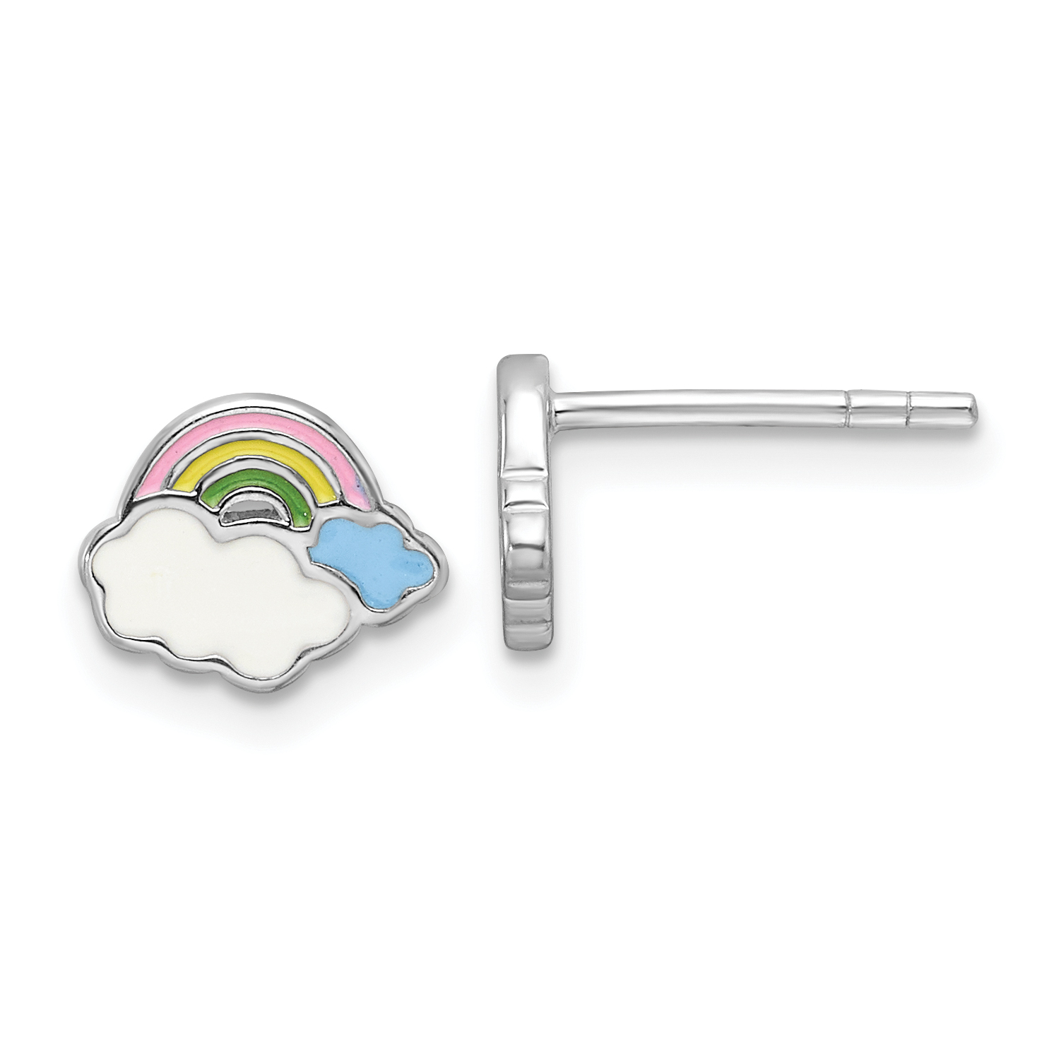 Sterling Silver Rhodium-plated Multicolor Enameled Rainbow & Clouds Children's Post Earrings (QE17726)