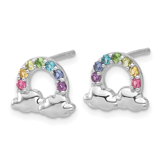 Sterling Silver Rhodium-plated Polished Crystal Rainbow & Clouds Children's Post Earrings