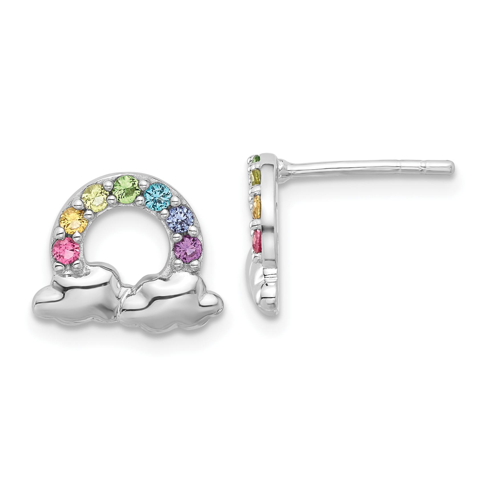 Sterling Silver Rhodium-plated Polished Crystal Rainbow & Clouds Children's Post Earrings (QE17728)