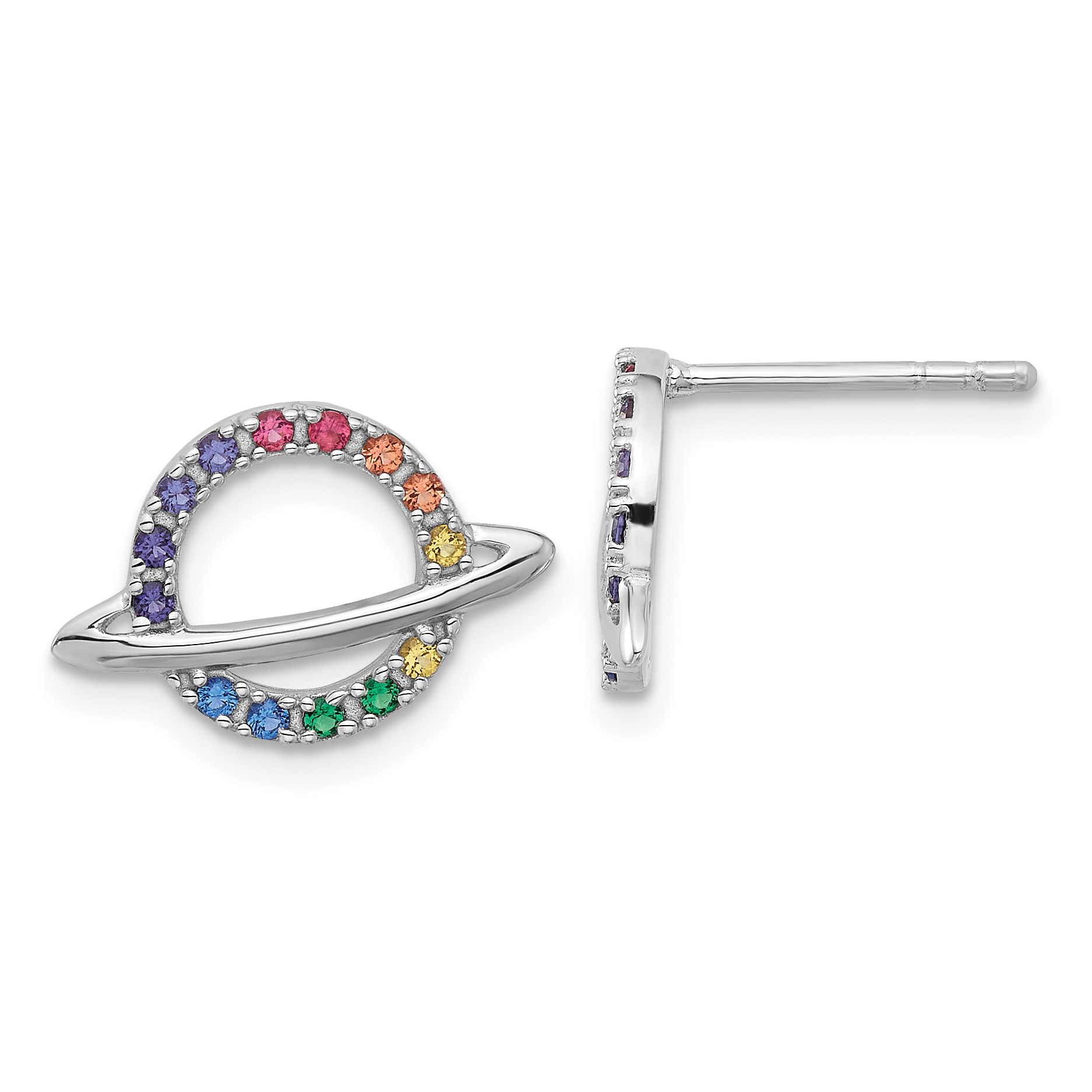 Sterling Silver RH-plated Multicolor Crystal Planet Children's Post Earring (QE17729)