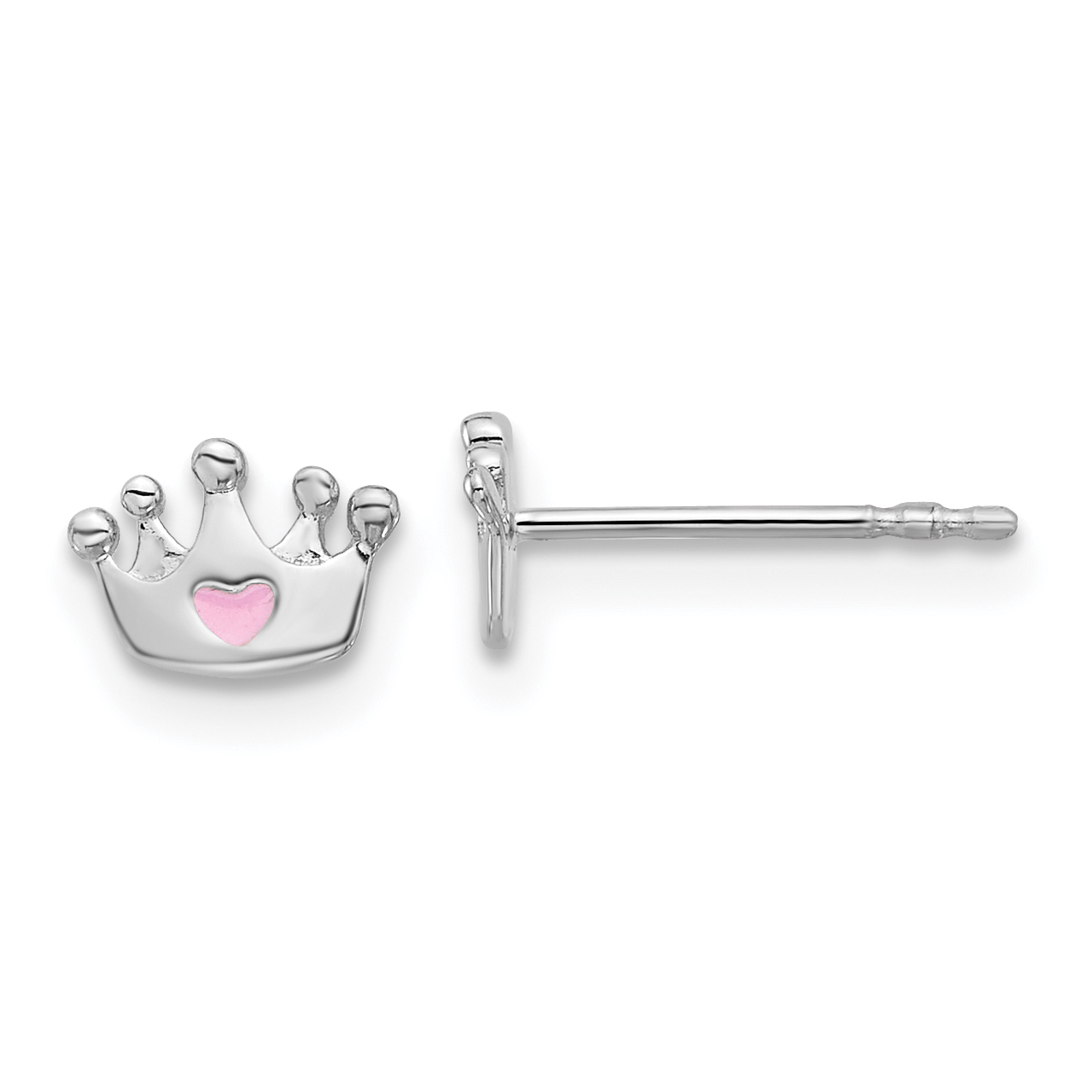 Sterling Silver RH-plated Pink Enamel Heart Crown Children's Post Earrings (QE17730)