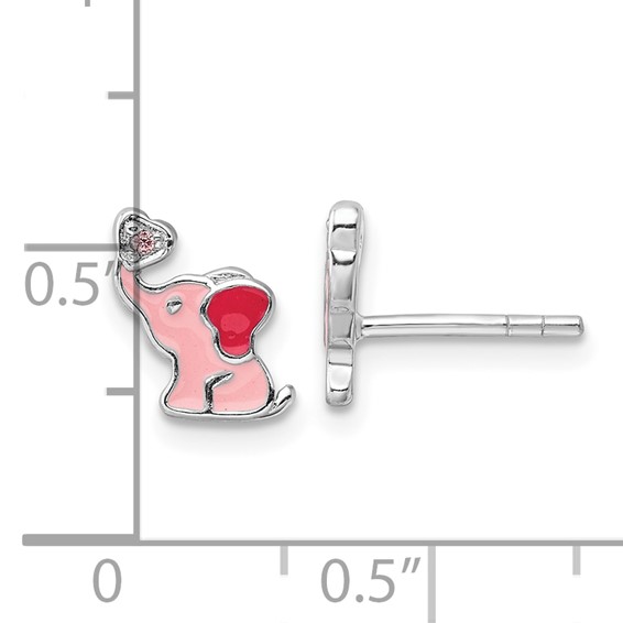 Sterling Silver RH-pltd Pink Enamel & CZ Elephant Children's Post Earrings