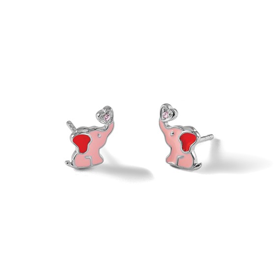 Sterling Silver RH-pltd Pink Enamel & CZ Elephant Children's Post Earrings
