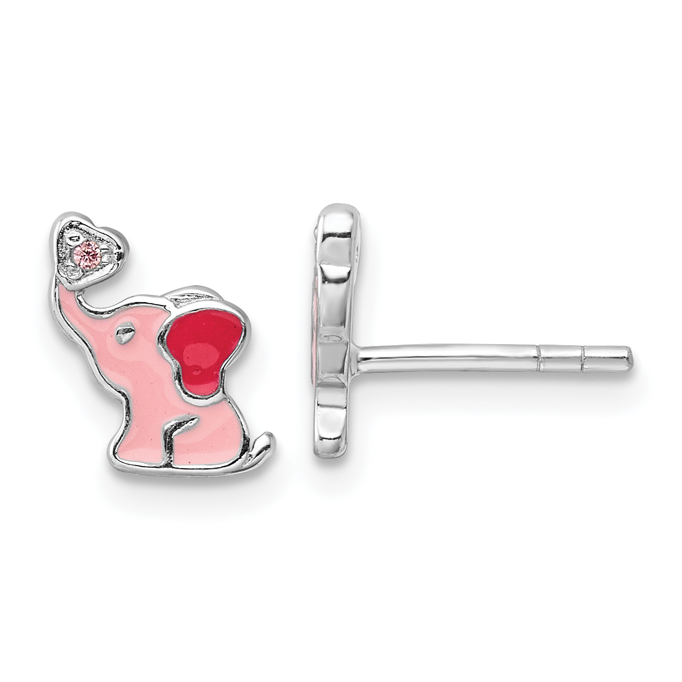 Sterling Silver RH-pltd Pink Enamel & CZ Elephant Children's Post Earrings (QE17731)