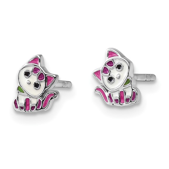 Sterling Silver Rhodium-plated Multicolor Enameled Kitty Children's Post Earring