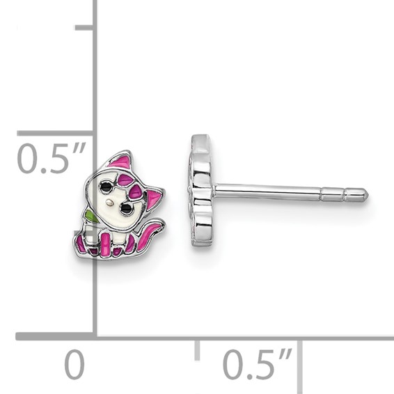 Sterling Silver Rhodium-plated Multicolor Enameled Kitty Children's Post Earring