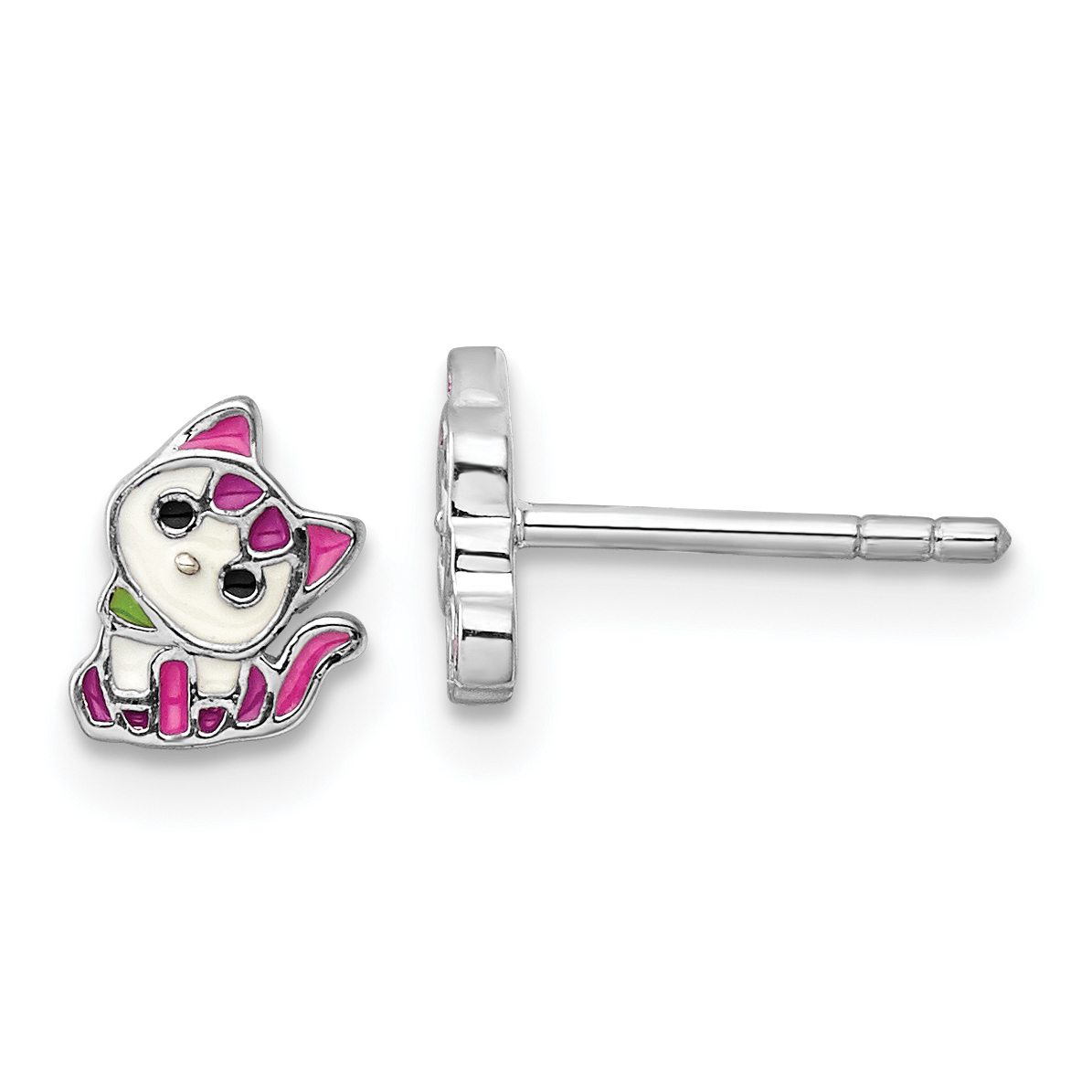 Sterling Silver Rhodium-plated Multicolor Enameled Kitty Children's Post Earring (QE17733)