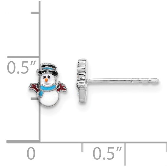 Sterling Silver Rhodium-plated Enamel Snowman Children's Post Earrings