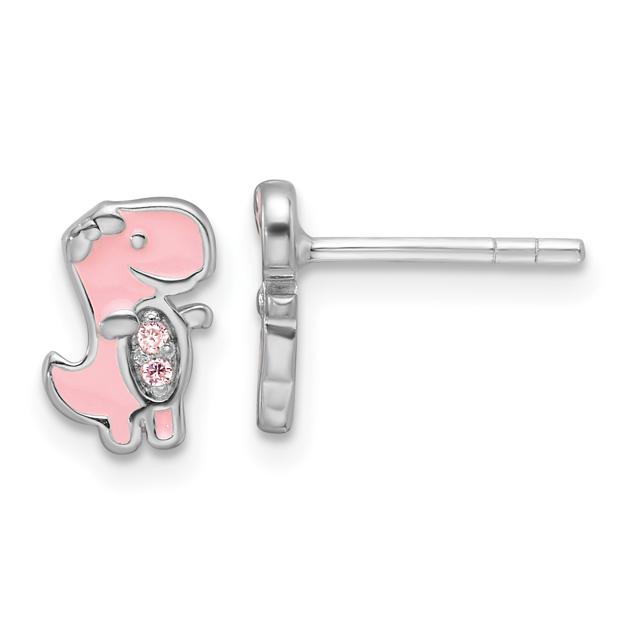 Sterling Silver RH-pltd Pink CZ & Enamel Dinosaur Children's Post Earrings (QE17736)