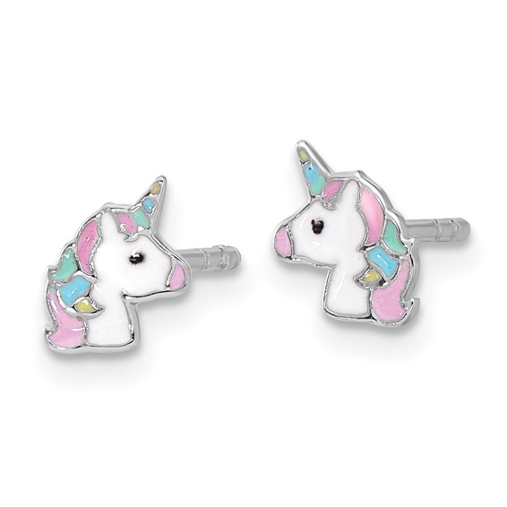 Sterling Silver Rhodium-plated Enameled Unicorn Children's Post Earrings