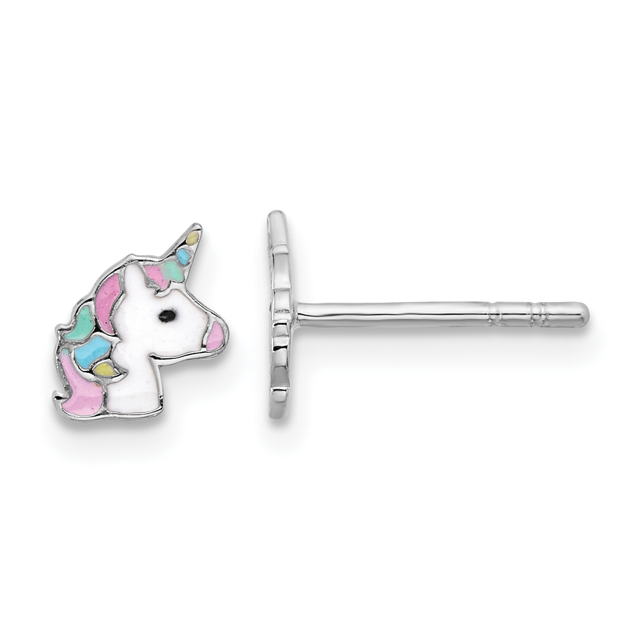 Sterling Silver Rhodium-plated Enameled Unicorn Children's Post Earrings (QE17737)