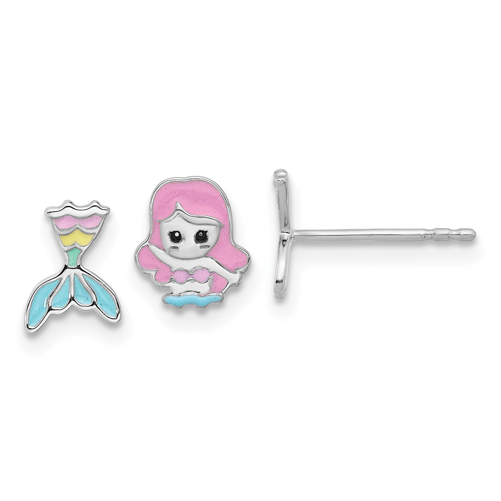 Sterling Silver RH-pltd Multicolor Enamel Mermaid Children's Post Earrings (QE17739)