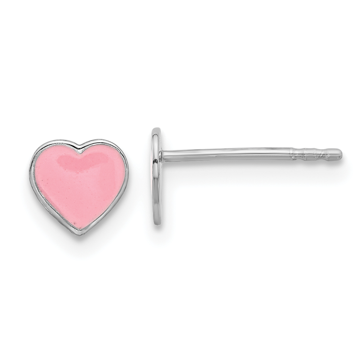 Sterling Silver Rhodium-plated Pink Enamel Heart Children's Post Earrings (QE17741)