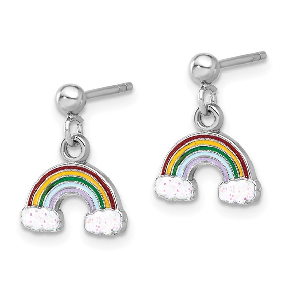 Sterling Silver Rhodium-plated Polished & Enameled w/ Glitter Rainbow Children's Post Dangle Earrings