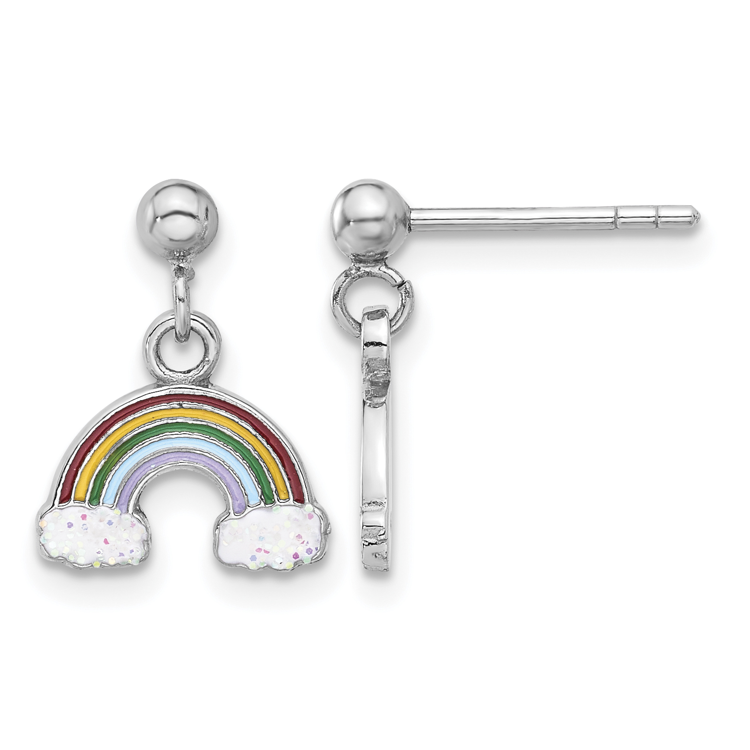 Sterling Silver Rhodium-plated Polished & Enameled w/ Glitter Rainbow Children's Post Dangle Earrings (QE17743)