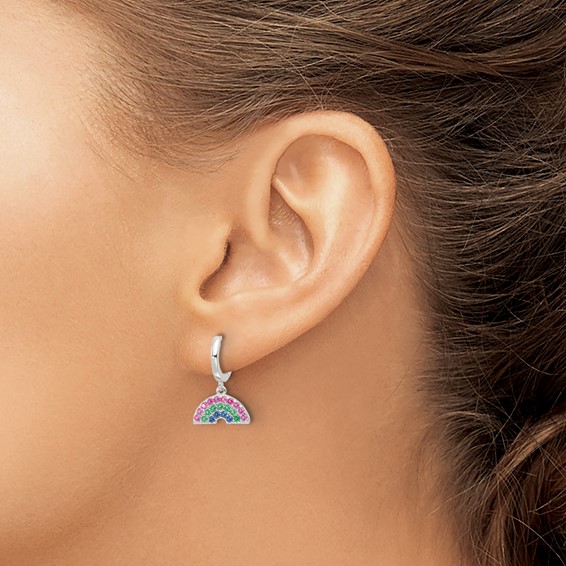 Sterling Silver E-Coating Polished Multicolor CZ Dangle Rainbow Children's Round Hoop Earrings