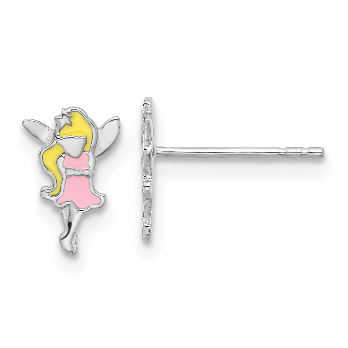 Sterling Silver RH-plated Multi-color Enamel Fairy Children's Post Earrings (QE17745)
