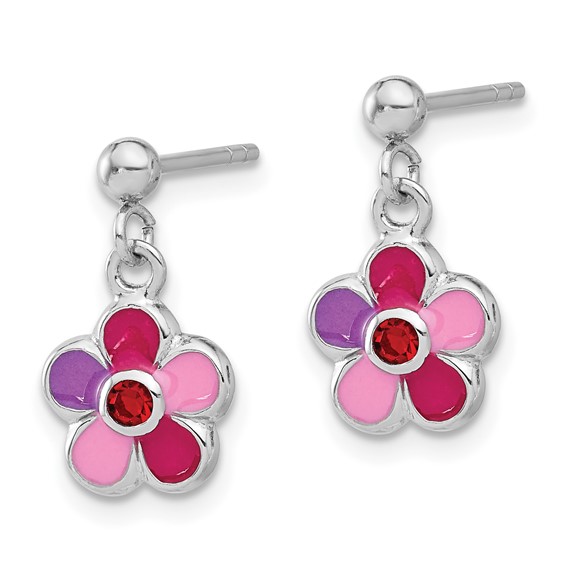 Sterling Silver Rhodium-plated Polished & Multi-color Enameled Red Crystal Flower Children's Post Dangle Earrings