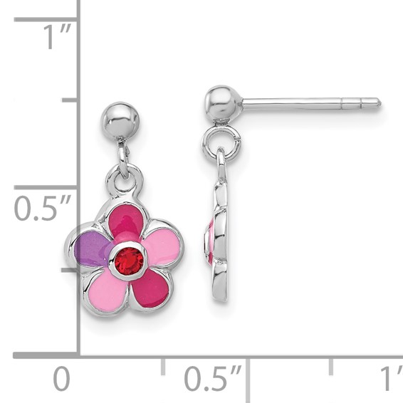 Sterling Silver Rhodium-plated Polished & Multi-color Enameled Red Crystal Flower Children's Post Dangle Earrings