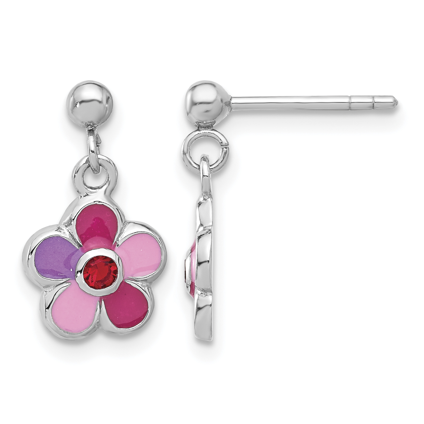 Sterling Silver Rhodium-plated Polished & Multi-color Enameled Red Crystal Flower Children's Post Dangle Earrings (QE17746)