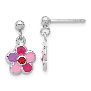 Sterling Silver Rhodium-plated Polished & Multi-color Enameled Red Crystal Flower Children's Post Dangle Earrings
