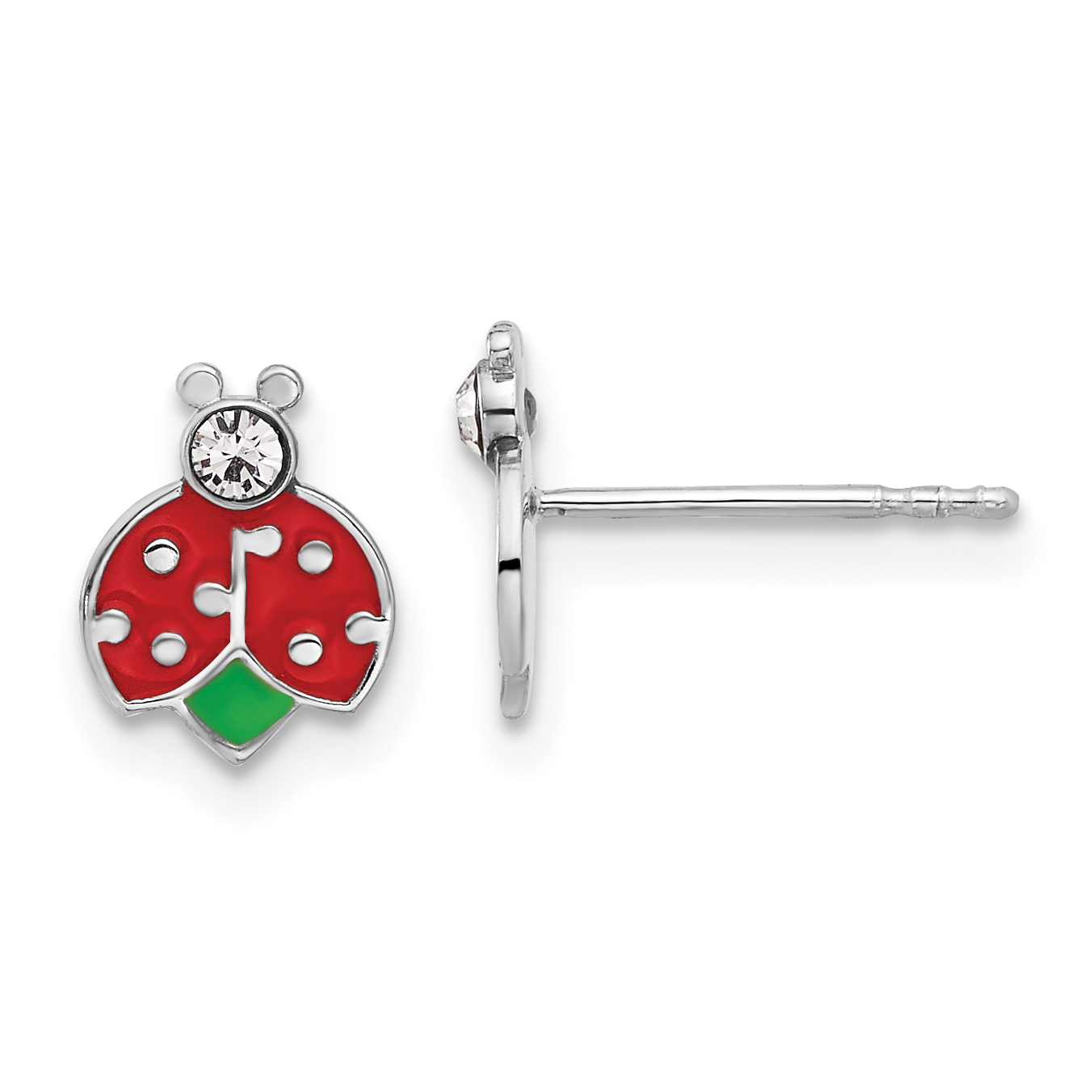 Sterling Silver Rhodium-plated Polished Enameled & Crystal Ladybug Children's Post Earrings (QE17747)