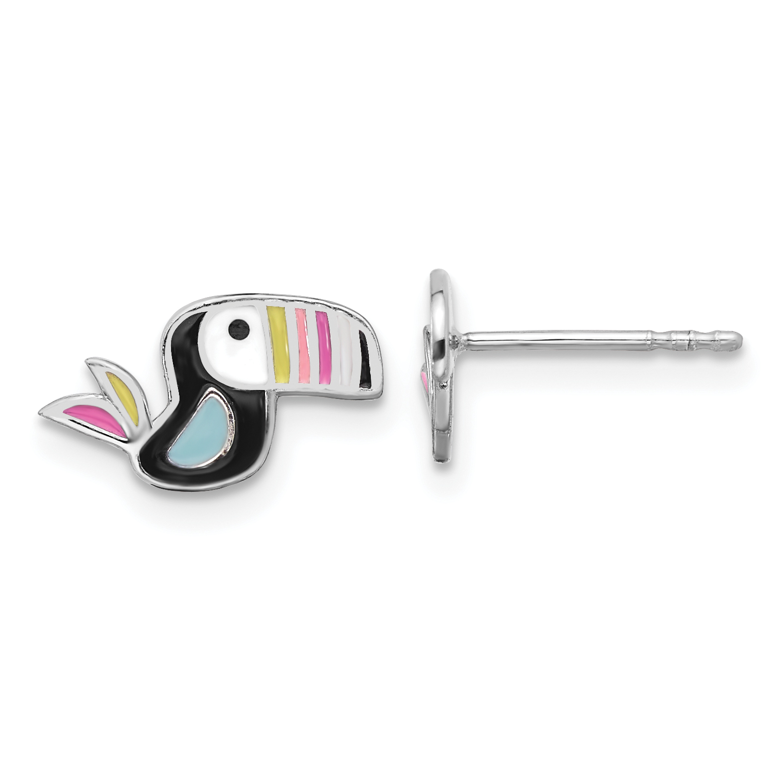Sterling Silver Rhodium-plated Polished Multi-color Enameled Toucan Bird Children's Post Earrings (QE17748)
